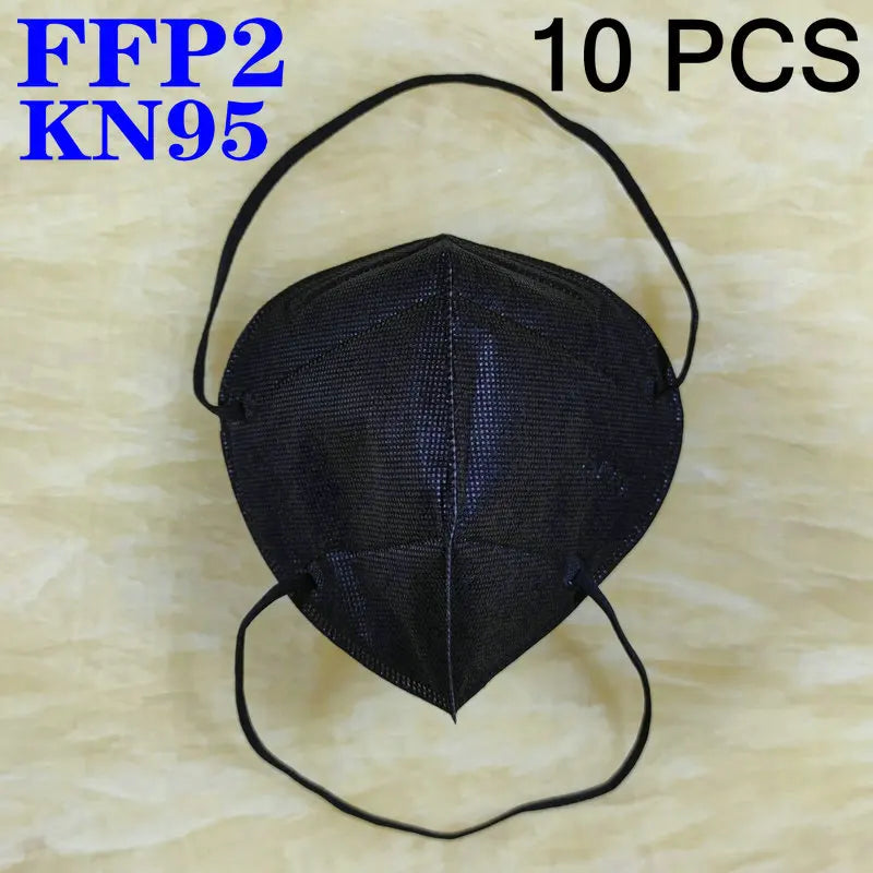 Black and white FFP2 KN95 mask with headband, 5-layer filter, respirator design, suitable for adults, CE certified.