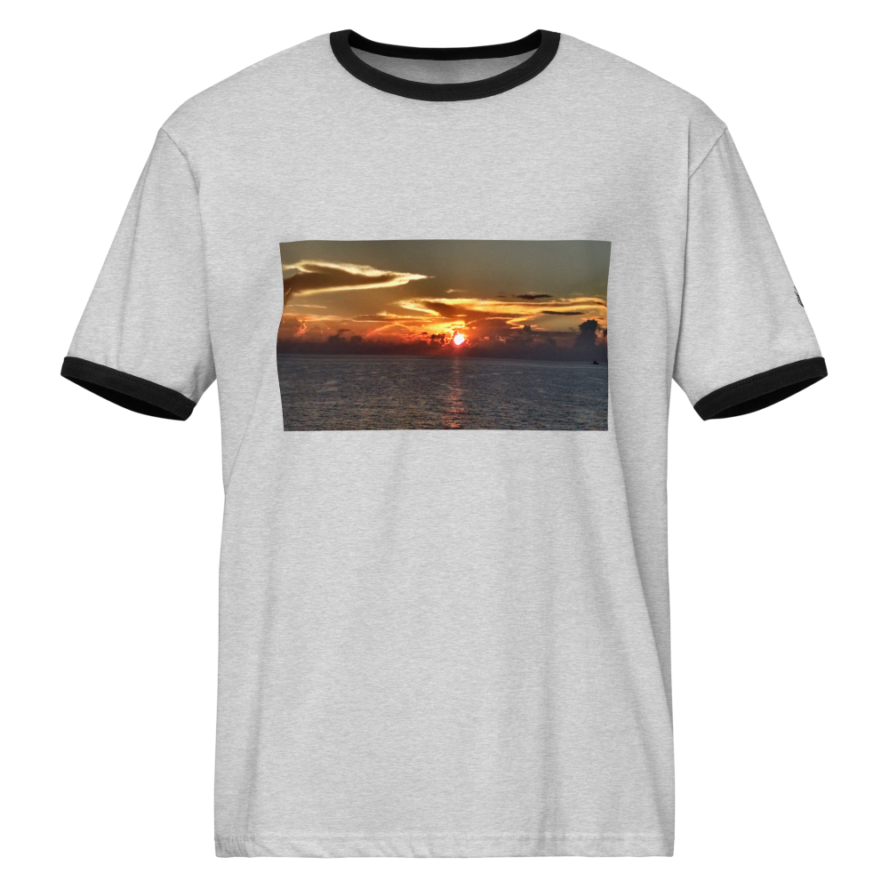 Unisex Heather Gray and Black Ringer T-Shirt by Next Level 3604, with contrasting collar and sleeve trim, on a plain background.
