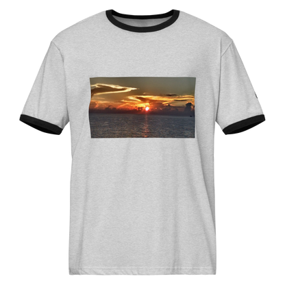 Unisex Heather Gray and Black Ringer T-Shirt by Next Level 3604, with contrasting collar and sleeve trim, on a plain background.