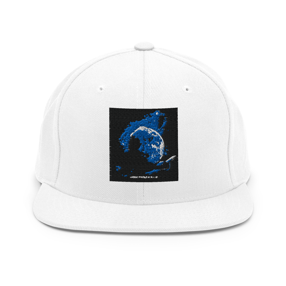 Heather grey and navy classic snapback cap by Yupoong 6089M with structured crown and flat brim, adjustable fit