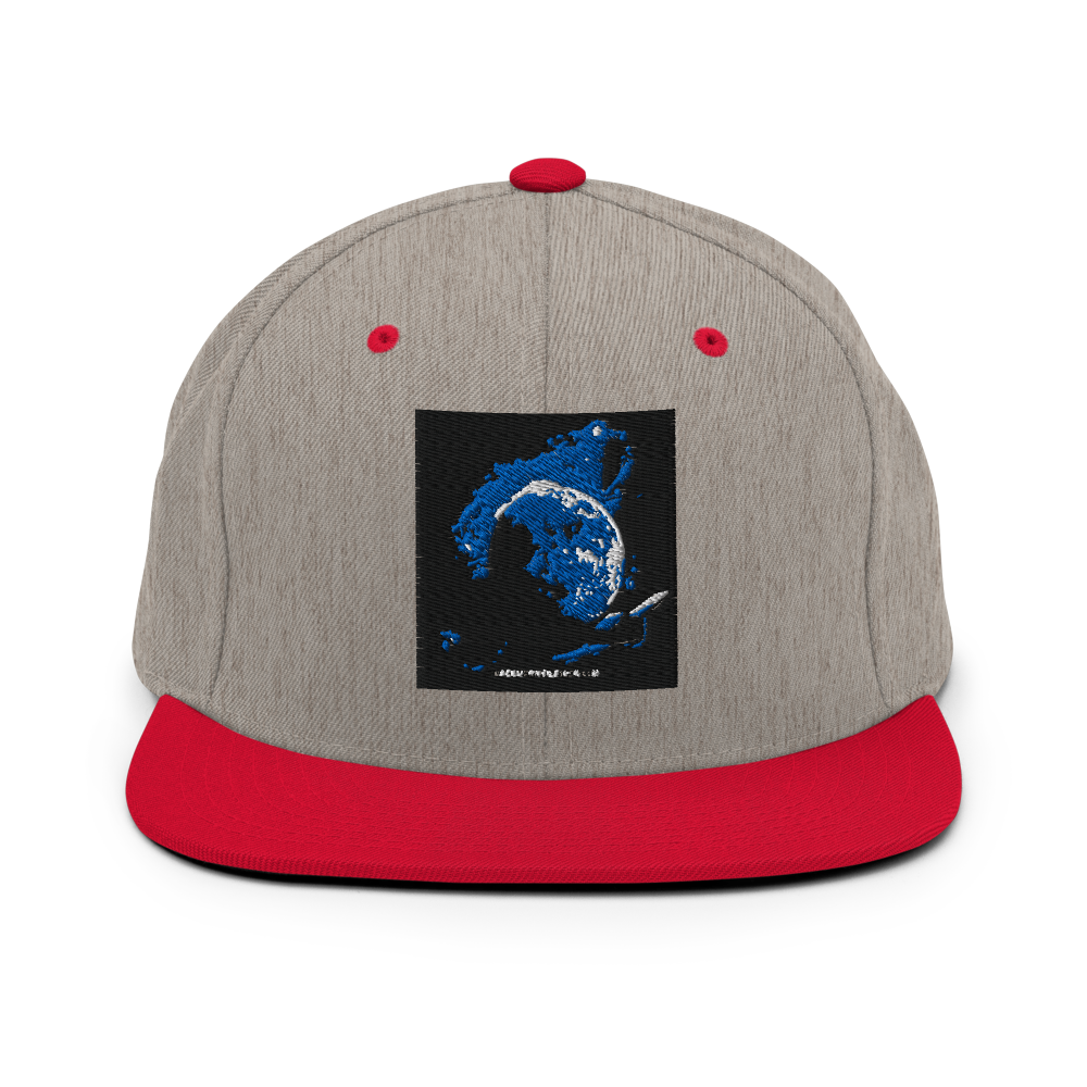 Heather grey and navy classic snapback cap by Yupoong 6089M, featuring a structured six-panel design with adjustable strap.