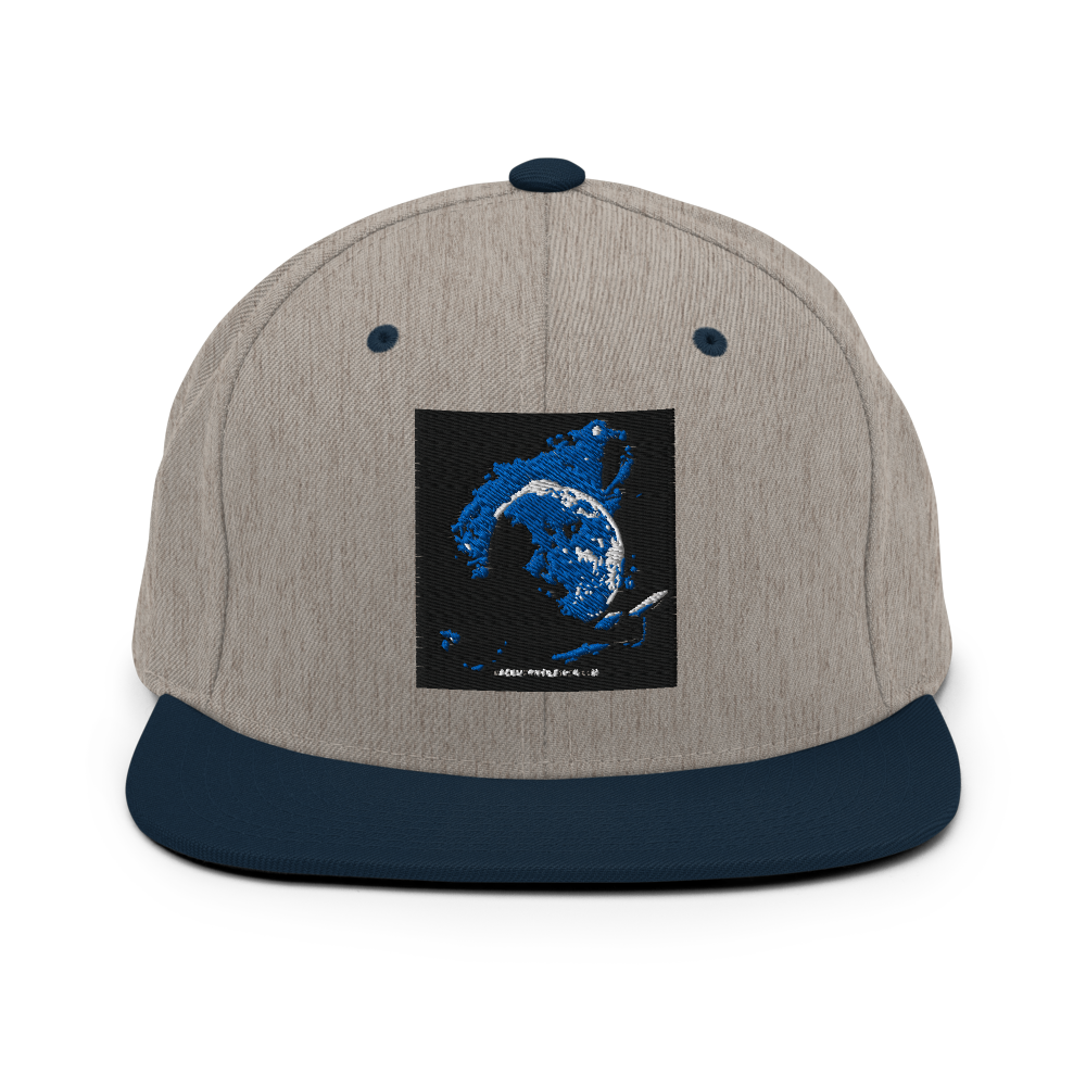 Heather grey and navy classic snapback hat by Yupoong 6089M with structured crown and adjustable strap, stylish and comfortable.