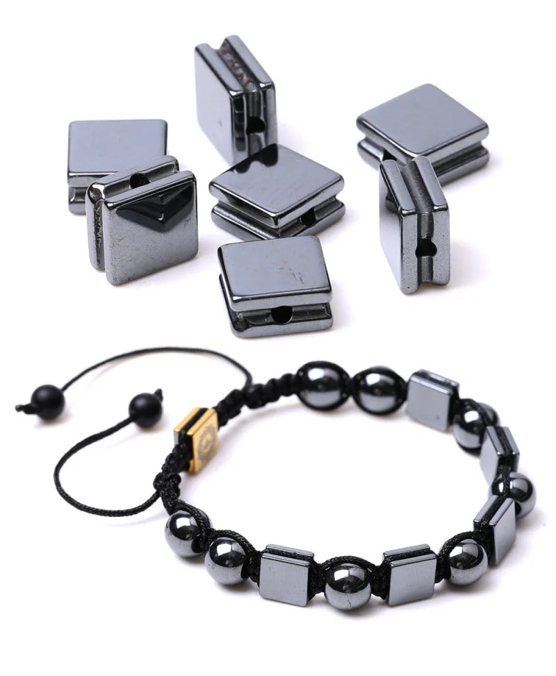Black hematite 10mm natural crystal bead chakra healing bracelet with woven adjustable design for women, men, and girls.