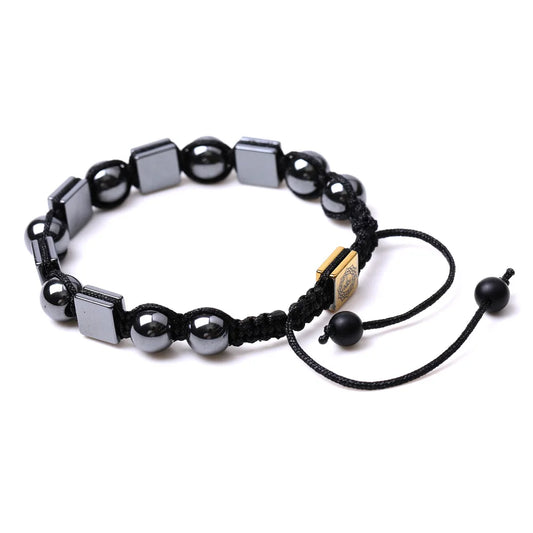Black Hematite chakra healing bracelet with 10mm natural crystal beads, woven adjustable design for women and men.