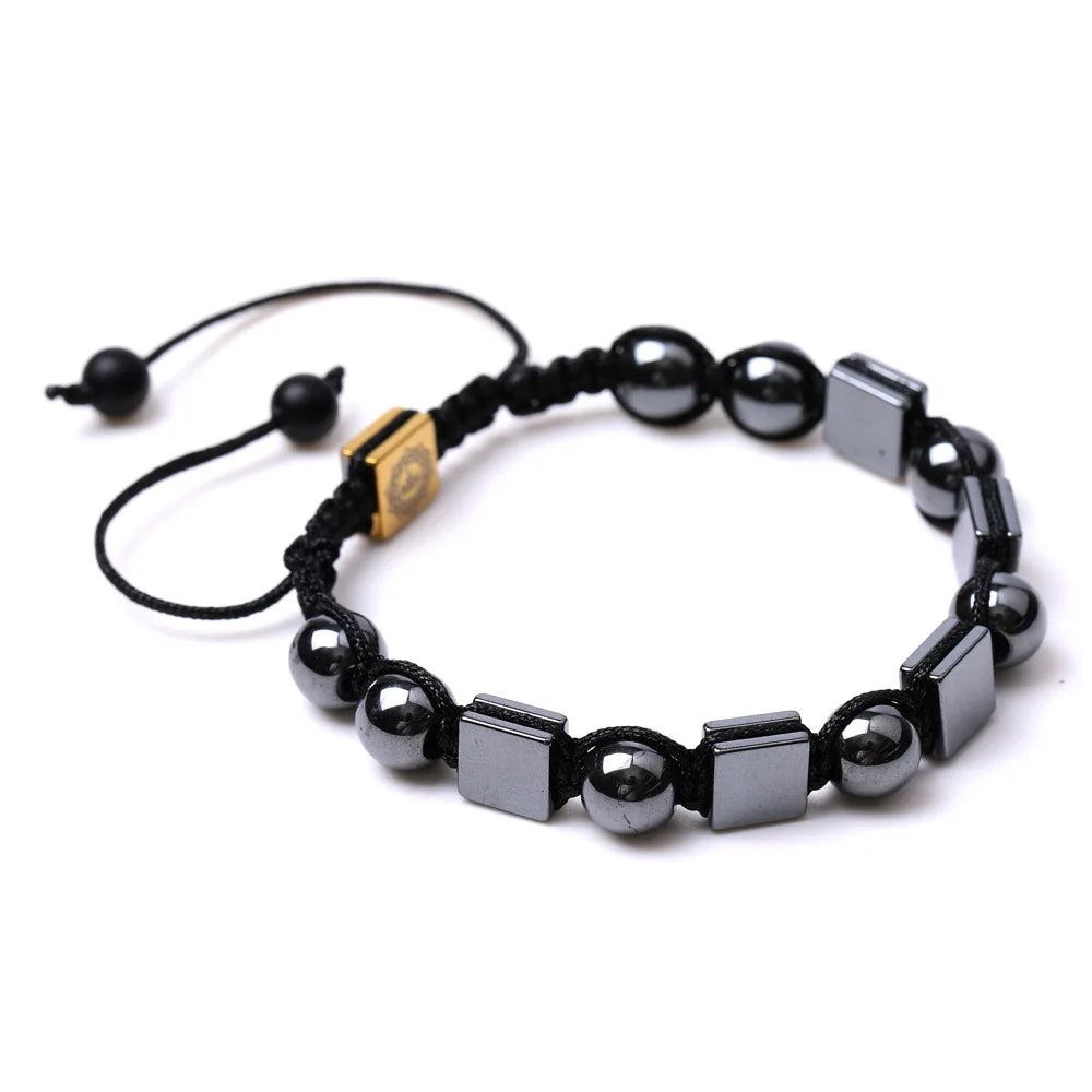 Fashion irregular black hematite crystal bead bracelet with woven adjustable band, chakra healing design for women and men.