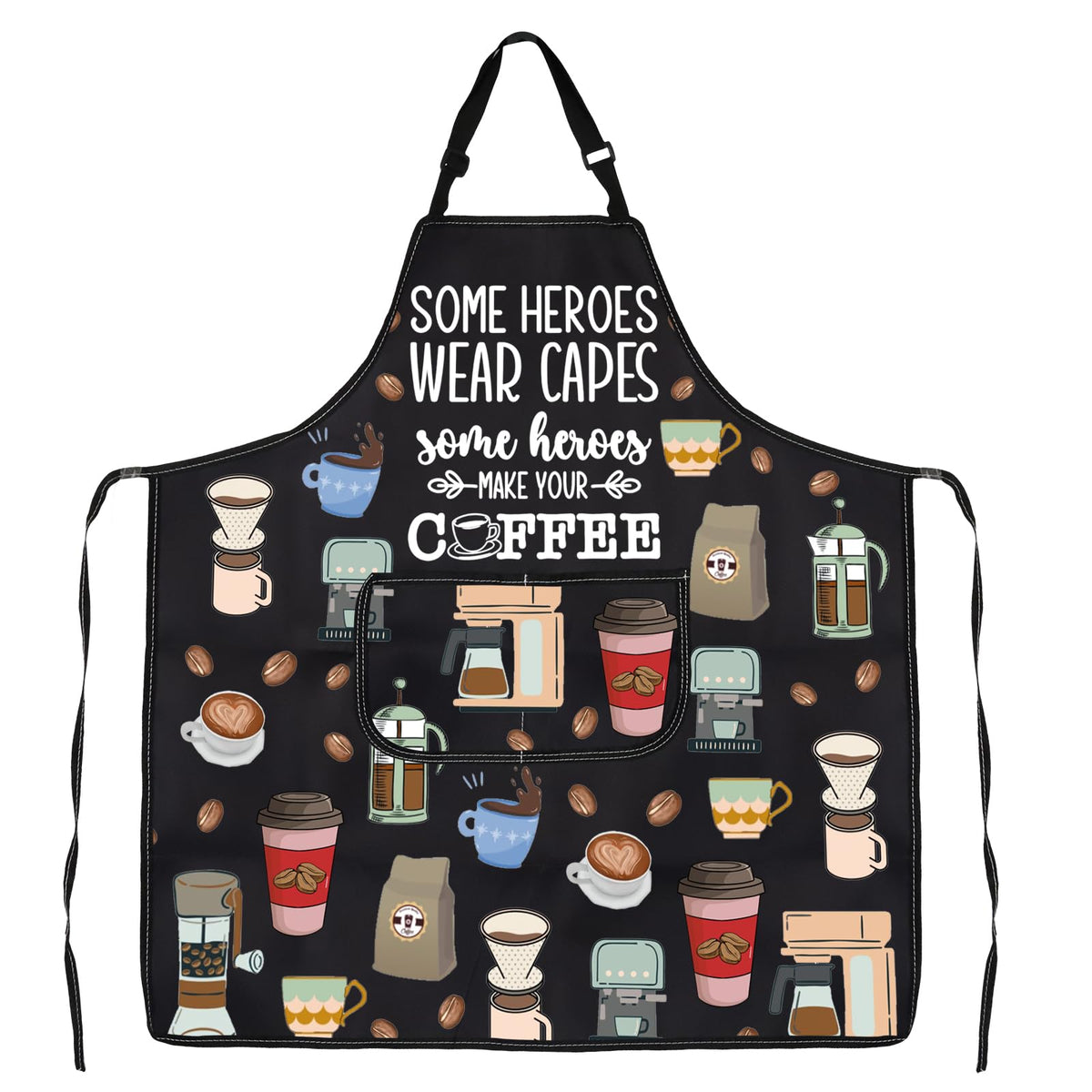Black barista apron with coffee-themed print featuring the phrase "Some heroes wear capes, some make coffee" for baristas.
