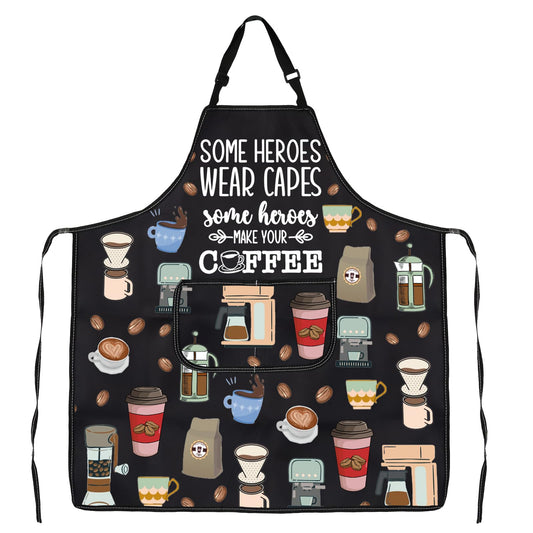 Black barista coffee-themed apron with humorous "Some heroes wear capes, some make coffee" print, perfect for baristas and coffee lovers.