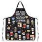Black barista apron with coffee-themed print featuring the phrase "Some heroes wear capes, some make coffee" for baristas.