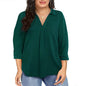 Ladies black V-neck blouse from BackupMyFilesNow.com, loose fit, long sleeves, solid color, plus size 5XL, casual summer top.