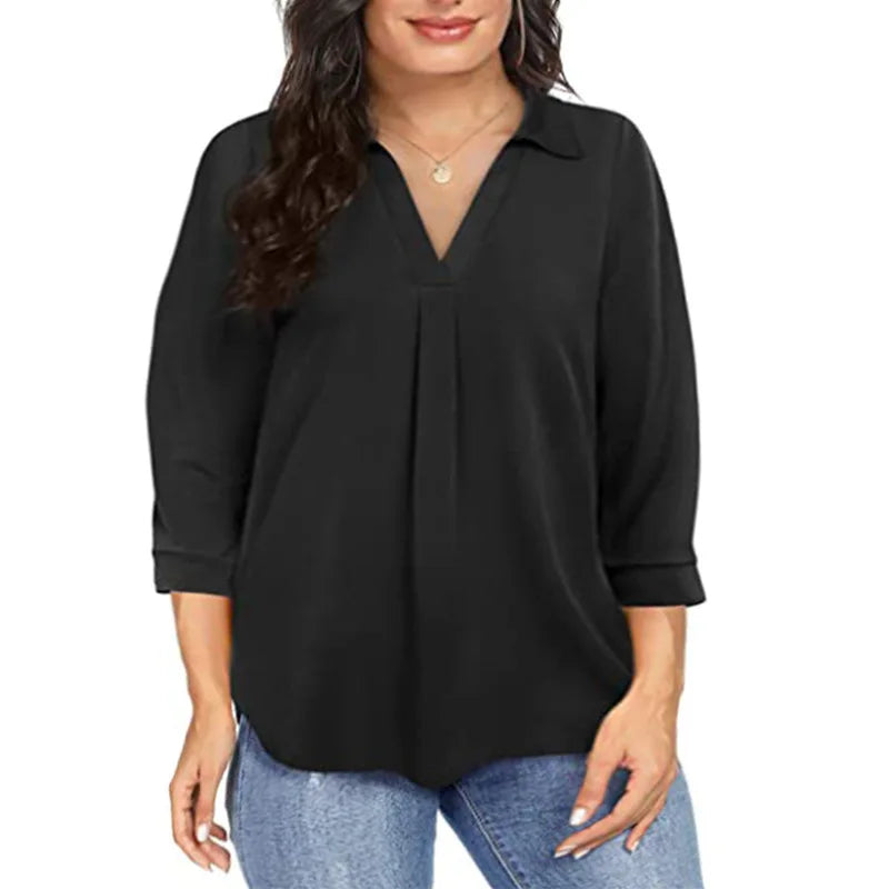 Black ladies V-neck blouse with long sleeves, casual loose fit, solid color, plus size 5XL, ideal for summer fashion.