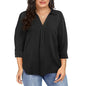 Black ladies V-neck blouse with long sleeves, casual loose fit, solid color, plus size 5XL, ideal for summer fashion.