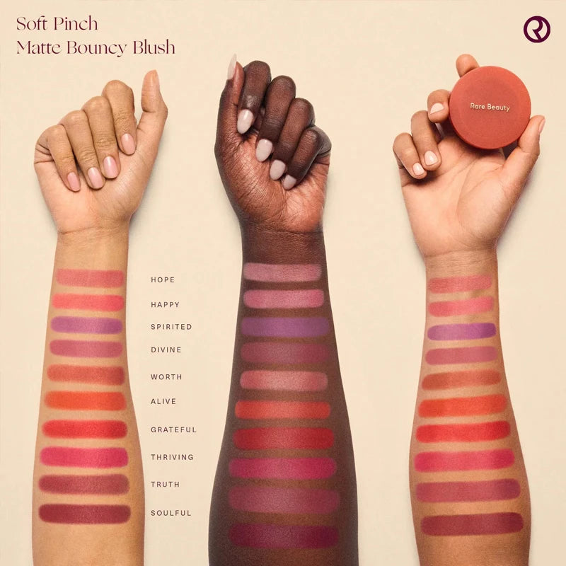 Rare Beauty liquid blush cream with dewy finish, portable multi-use cheek and lip tint, gentle and blendable makeup product.