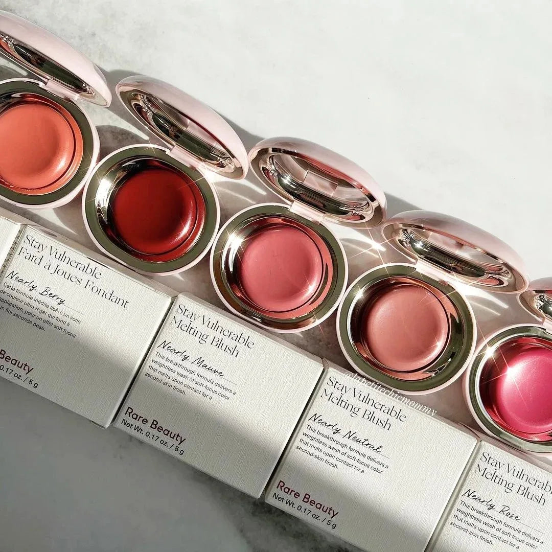 Rare Beauty matte long-lasting soft-focus blush in a smooth cream-to-powder formula, with a hydrating, sweatproof, waterproof liquid blush.
