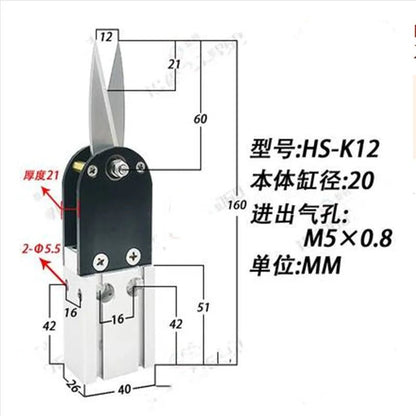 Pneumatic scissors set including HS-K56, HS-K40, HS-K25, HS-K18, HS-K12 for N95 mask machine air blade nipping, in black and silver.