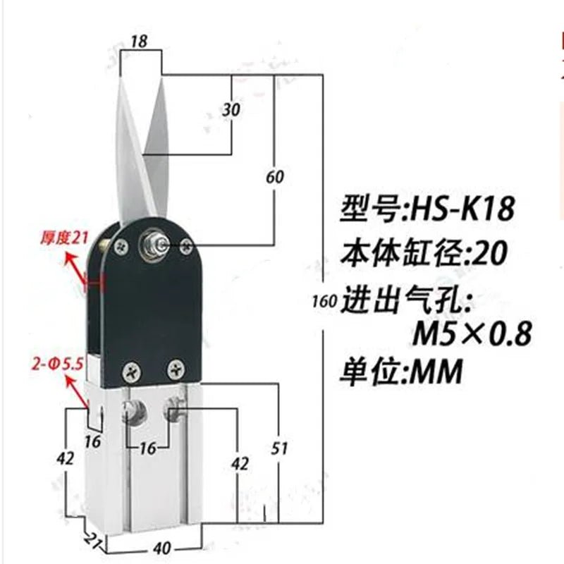 Pneumatic scissors HS-K56, HS-K40, HS-K25, HS-K18, HS-K12 for N95 mask machine air blade nippers, shown in use or on a work surface.