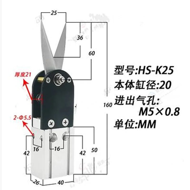 Pneumatic scissors HS-K56, HS-K40, HS-K25, HS-K18, HS-K12 for N95 mask machine air blade nipper, used for precise cutting.