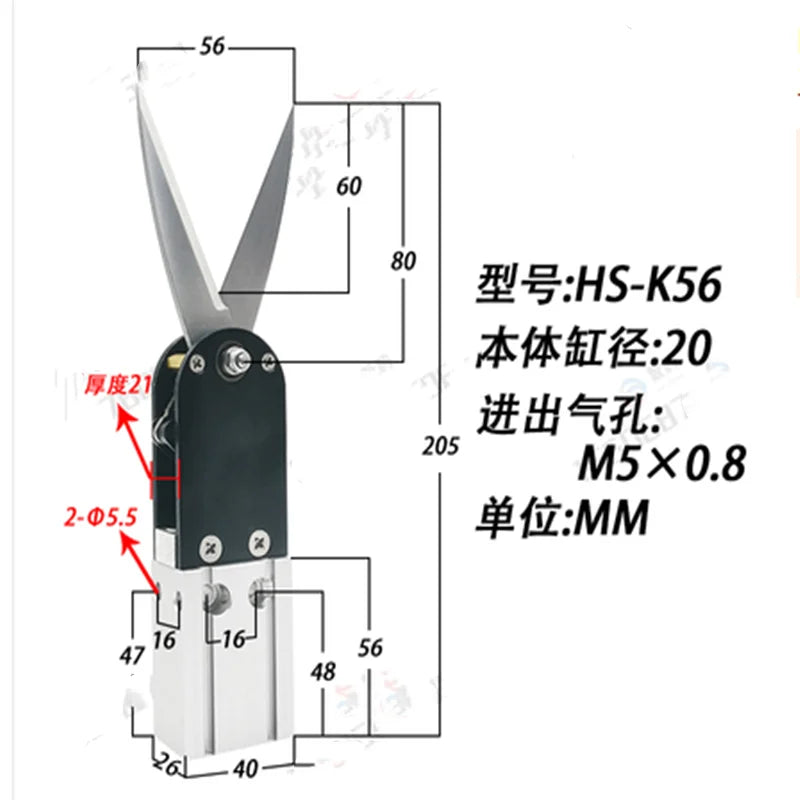 Pneumatic scissors HS-K56, HS-K40, HS-K25, HS-K18, HS-K12 for N95 mask machine air blade nipper, with metal blades and ergonomic handle.