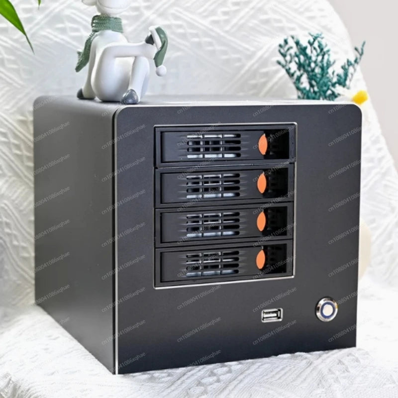4-bay NAS storage server case by BackupMyFilesNow.com, high-quality tooless hard drive enclosure with screwless design.