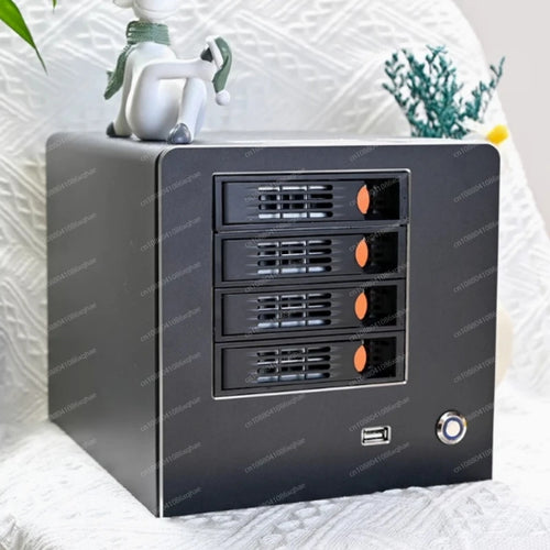 4-bay NAS storage server case by BackupMyFilesNow.com, high-quality tooless hard drive enclosure with screwless design.
