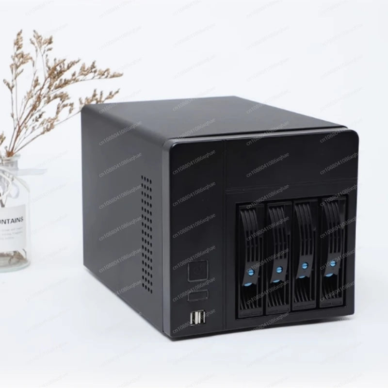 4-bay NAS storage server case by BackupMyFilesNow.com, tooless, screwless design, high-quality hard drive enclosure for easy installation.