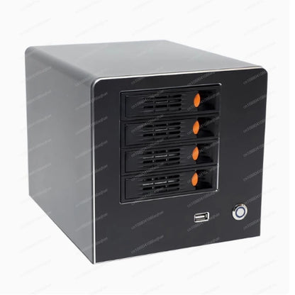 4-bay NAS storage server case by BackupMyFilesNow.com, screwless design, tooless hard drive enclosure for easy installation.