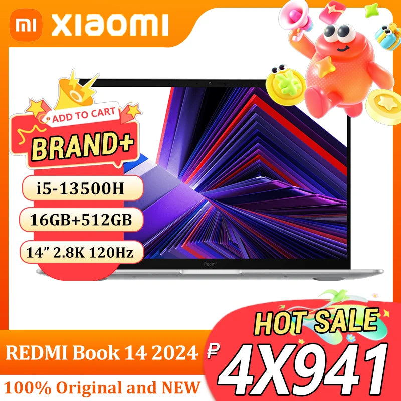 Xiaomi Redmi Book 14 2024 laptop with 14-inch 2.8K 120Hz display, 16GB RAM, 512GB storage, and Intel 13500H processor.