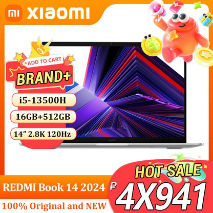 Xiaomi Redmi Book 14 2024 laptop with 14-inch 2.8K 120Hz display, 16GB RAM, 512GB storage, and Intel 13500H processor.