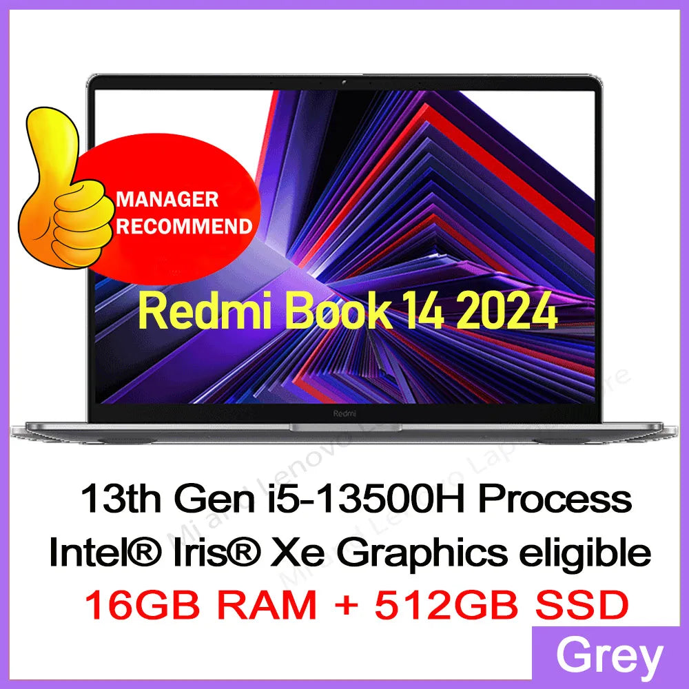 Xiaomi Redmi Book 14 2024 laptop with 14-inch 2.8K screen, 16GB RAM, 512GB storage, 13500H processor, and 120Hz display.