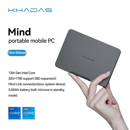 Khadas Mind 1 Mini PC with 5.55Wh battery, Intel chip, WiFi 6E, BT 5.3, Windows 11, 32GB RAM, and 1TB storage.