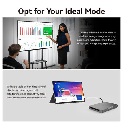 Khadas Mind 1 Mini PC with 5.55Wh battery, Intel processor, WiFi 6E, Bluetooth 5.3, Windows 11, 32GB RAM, 1TB storage.
