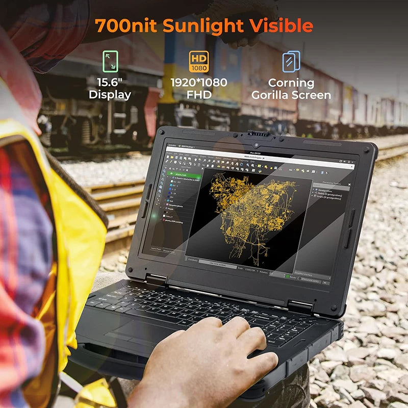 15.6-inch rugged Windows 11 Pro laptop with Intel i5, Wi-Fi 6, 4G LTE, dual batteries, and durable design.