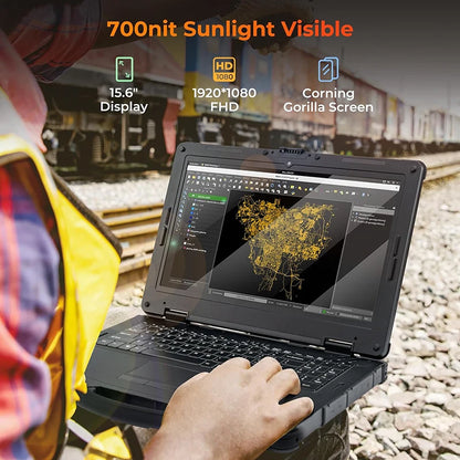 15.6-inch rugged Windows 11 Pro laptop with Intel i5, Wi-Fi 6, 4G LTE, dual batteries, and durable design.