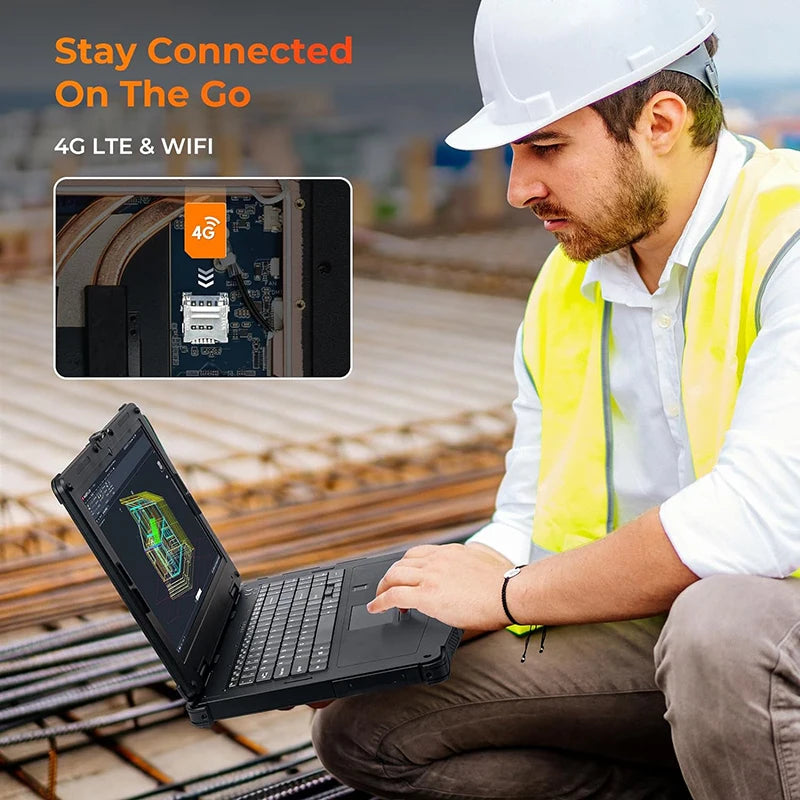 15.6-inch rugged Windows 11 Pro laptop with Intel i5, Wi-Fi 6, 4G LTE, dual batteries, and heavy-duty design.
