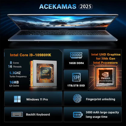 Acekamas 15.6-inch gaming laptop with Intel Core i9, 16GB RAM, 1TB SSD, IPS display, running Windows 11 Pro.