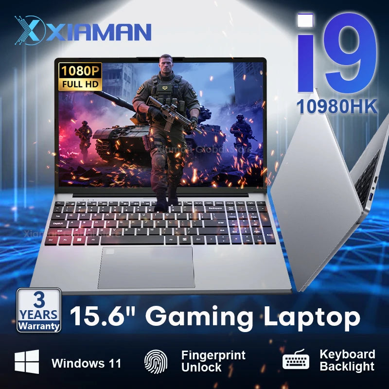 Xiaman 15.6-inch gaming laptop with Intel Core i9, 16GB RAM, 1TB SSD, Windows 11 Pro, black design, open with keyboard visible.