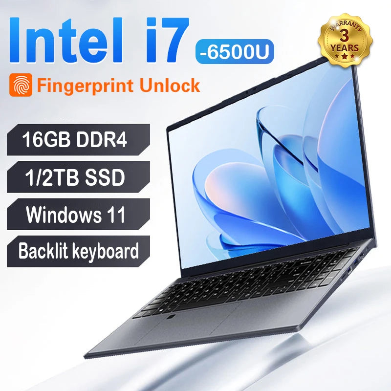 15.6-inch portable Windows 11 gaming laptop with Intel Core i7, 16GB RAM, 2TB SSD, backlit keyboard, fingerprint unlock.