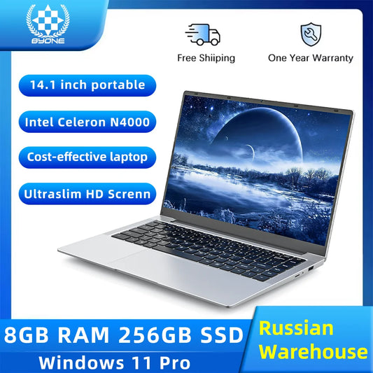BYONE 14-inch low-price laptop with Intel Celeron N4000, 8GB RAM, 256GB or 512GB SSD, HD screen, portable and ultraslim design.