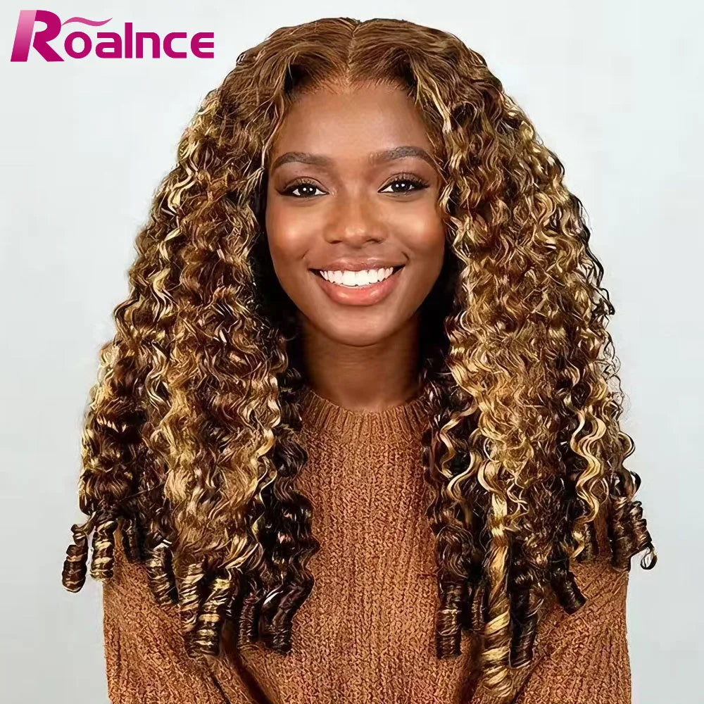 Highlight Ombre Burmese Curly Glueless Human Hair Wig with 13x6 360 HD full lace frontal, easy wear, natural curl pattern