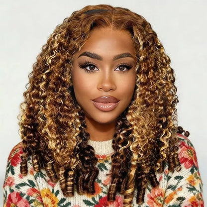 Highlight Ombre Burmese Curly Glueless Human Hair Wig with 13x6 360 HD full lace frontal, wear-and-go style, 20-inch length.