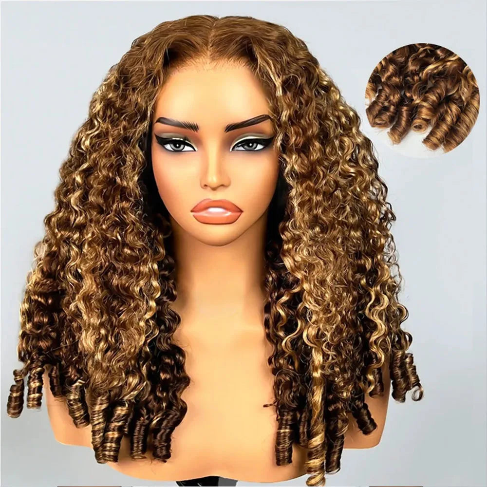 Highlight Ombre Burmese Curly Glueless Human Hair Wig with 13x6 360 HD full lace frontal and lace front, wear-and-go style.