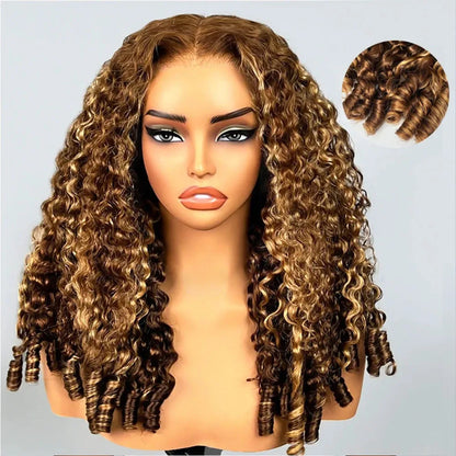 Highlight Ombre Burmese Curly Glueless Human Hair Wig with 13x6 360 HD full lace frontal and lace front, wear-and-go style.