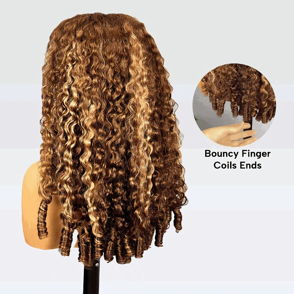 Highlight Ombre Burmese Curly Glueless Human Hair Wig with 13x6 full lace frontal, 360 HD, 20 inches, natural curl pattern.