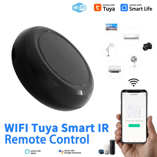Tuya Smart WiFi IR Remote Controller for smart home devices, compatible with Alexa and controlled via app for home automation.
