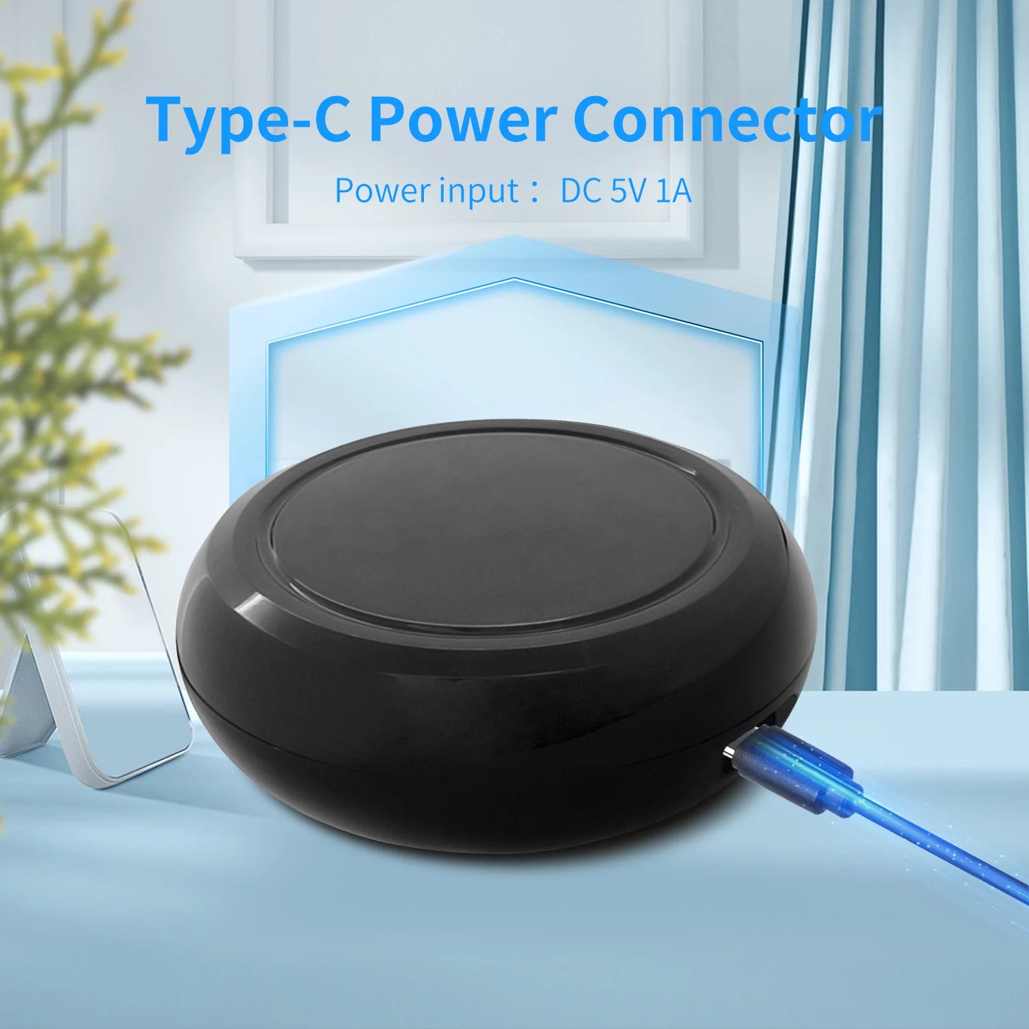 Tuya Smart WiFi IR remote controller for smart home devices, compatible with Alexa, shown on a sleek control panel.