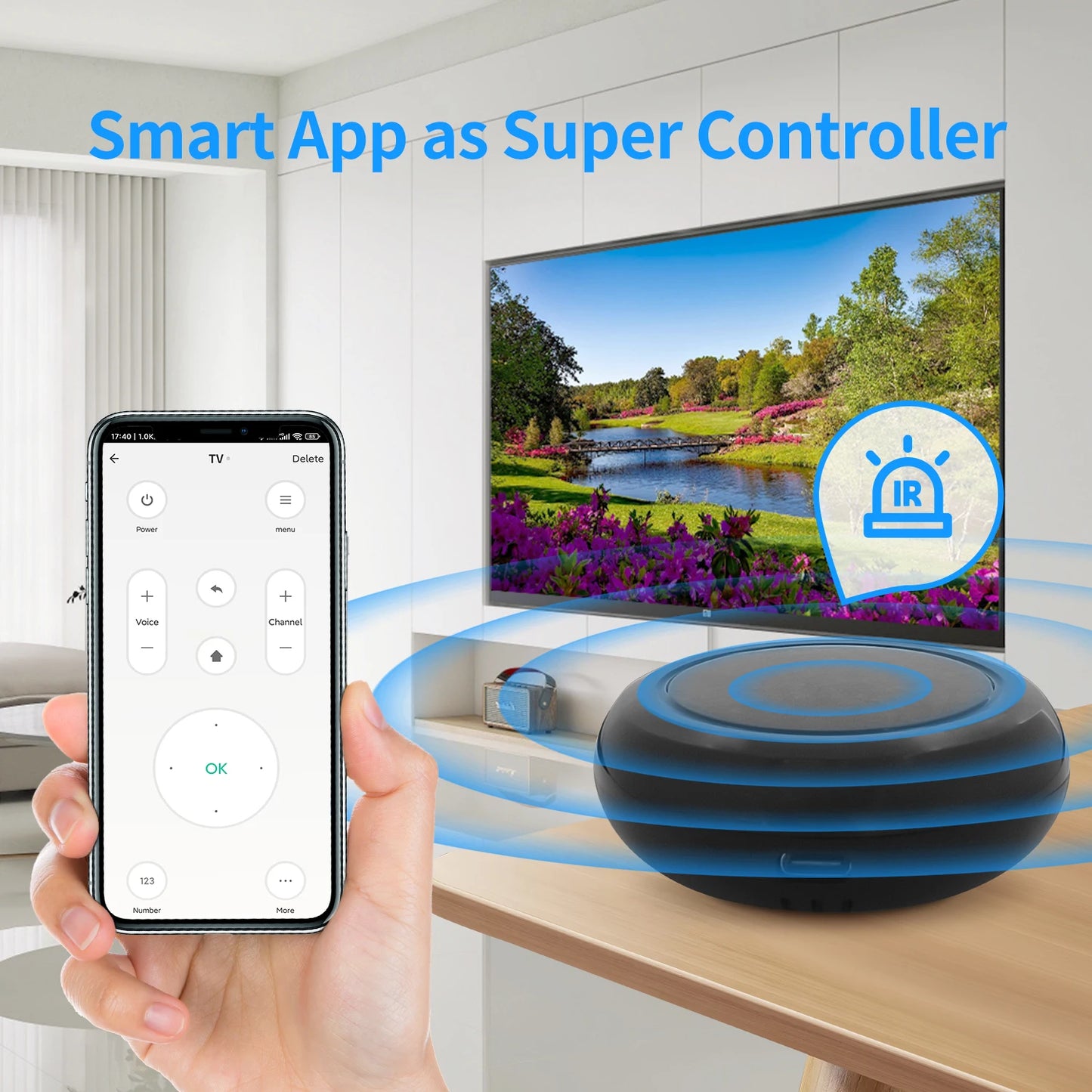 Tuya Smart WiFi IR remote controller for smart home devices, compatible with Alexa, shown on a home control panel.