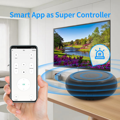 Tuya Smart WiFi IR remote controller for smart home devices, compatible with Alexa, shown on a home control panel.