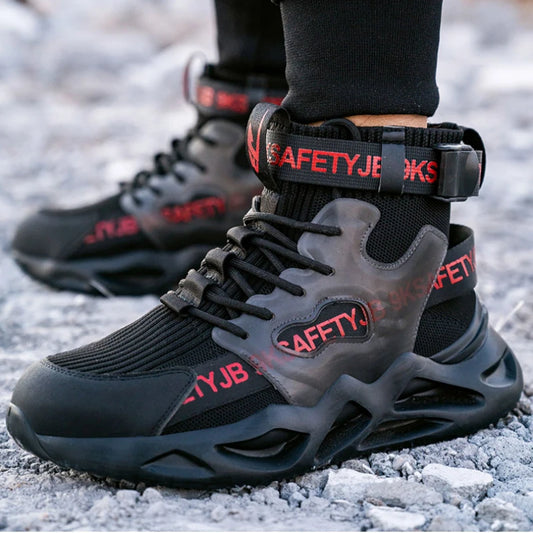 Black steel toe safety boots for men and women, industrial protective shoes with anti-puncture insoles and durable work sneaker design.