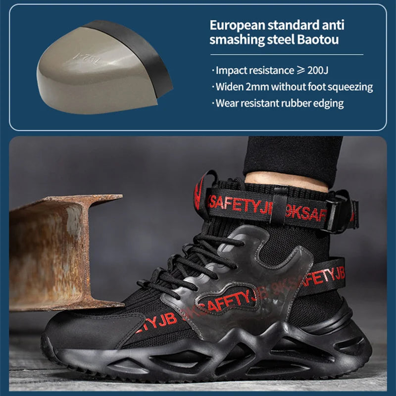 Black steel toe safety boots for men and women, industrial protective shoes with anti-puncture soles and durable work sneaker design.