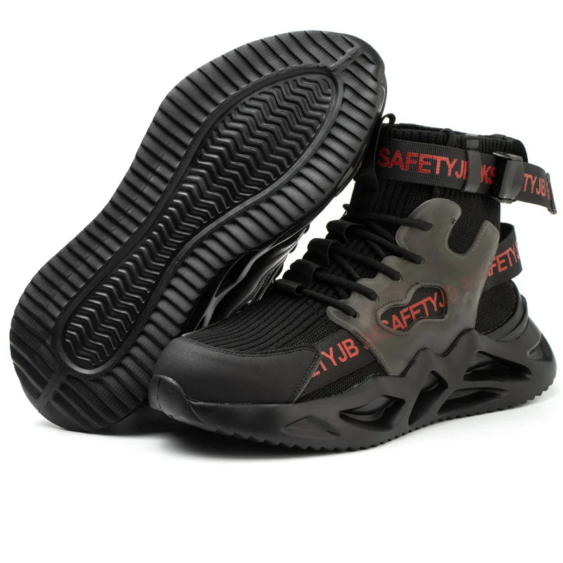 Black steel toe safety boots for men and women, industrial protective shoes with anti-puncture soles and lightweight design.