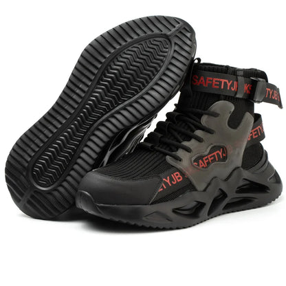 Black steel toe safety boots for men and women, industrial protective shoes with anti-puncture soles and lightweight design.